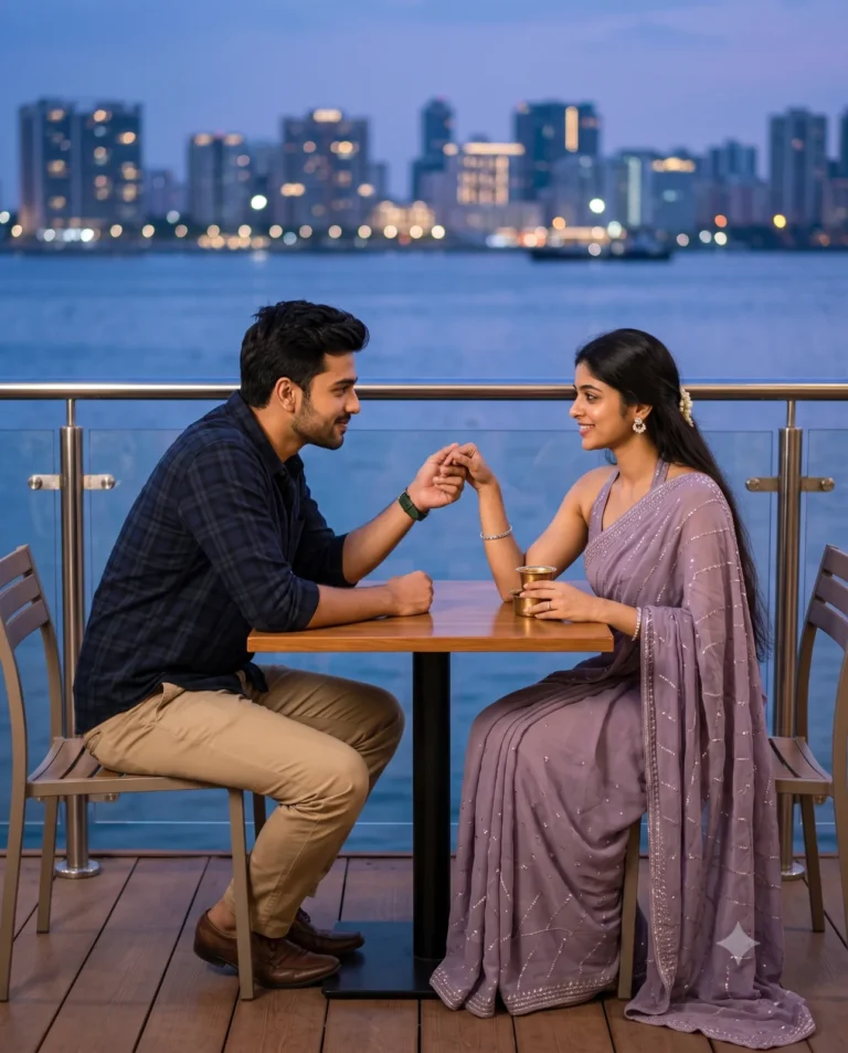 A waterfront cafe couple portrait of a man holding hands with a woman in a lavender saree at twilight.
