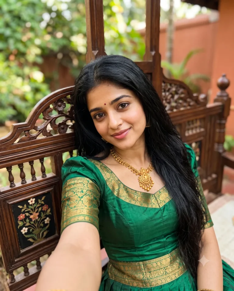 Selfie Photo Prompt generating a close-up portrait of a young South Asian woman in an emerald lehenga against a garden wall.