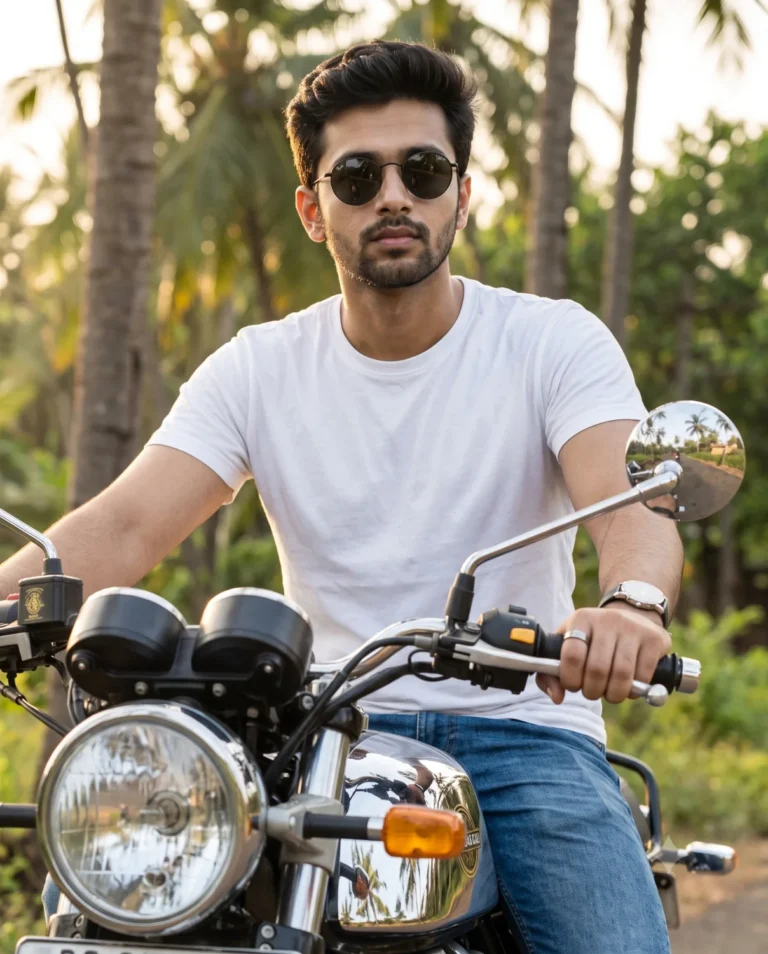 A classic motorcycle portrait of a young man wearing sunglasses in warm golden hour light.