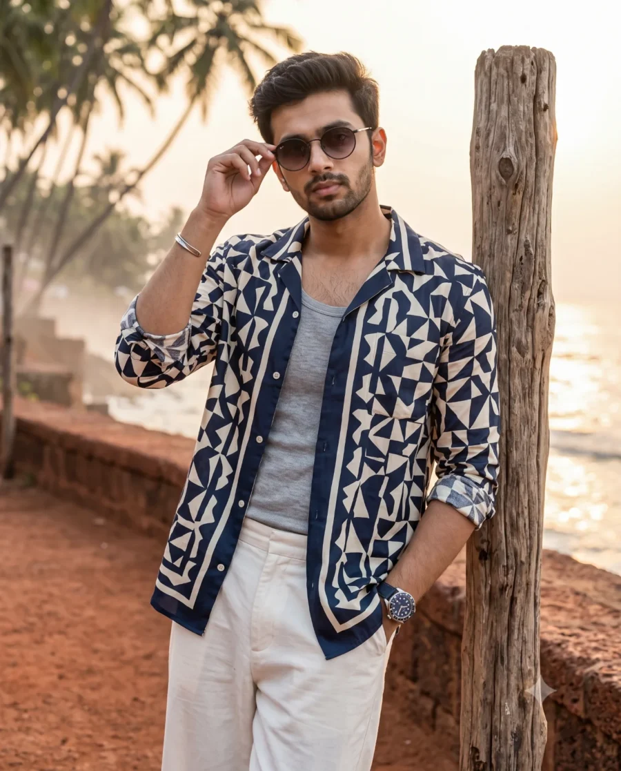Coastal Sunset Portrait of a man in a geometric linen shirt and sunglasses leaning against a cliffside post.