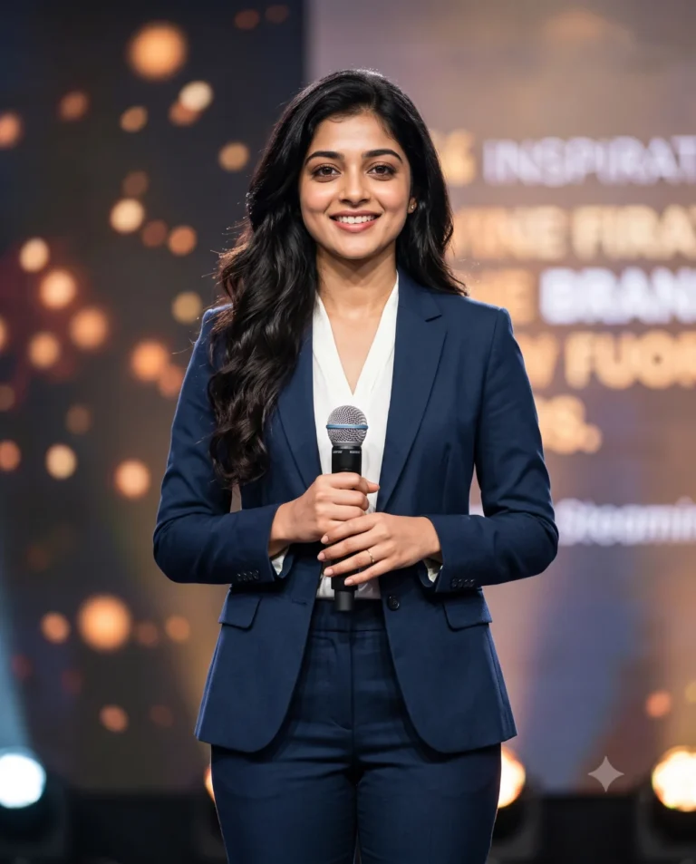 Photorealistic portrait of a female speaker on stage holding a microphone, featuring a navy suit and warm cinematic lighting.
