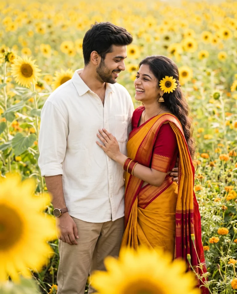 Sunflower field couple portrait of a laughing man in cream and a woman in a mustard saree.