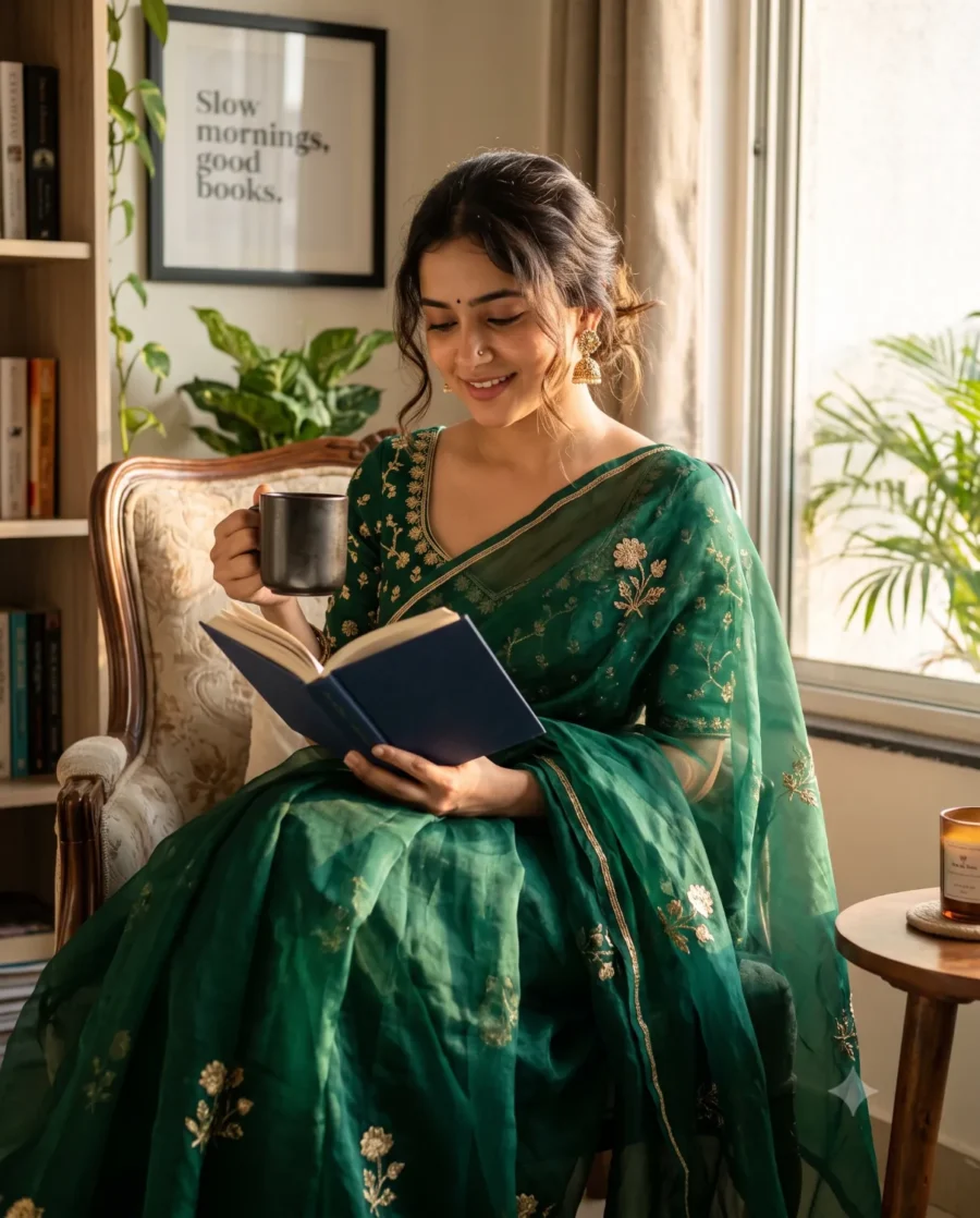A woman reading by a sunlit window generated with this green silk saree prompt