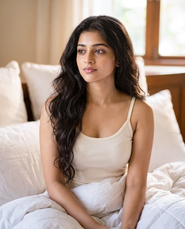 A realistic portrait prompt generating a South Asian woman sitting in a cozy bed with soft morning light.