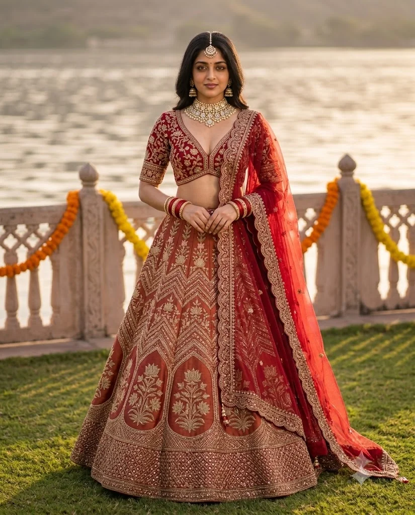 Woman in Crimson and Burnt-Terracotta Silk Lehenga Portrait Prompt