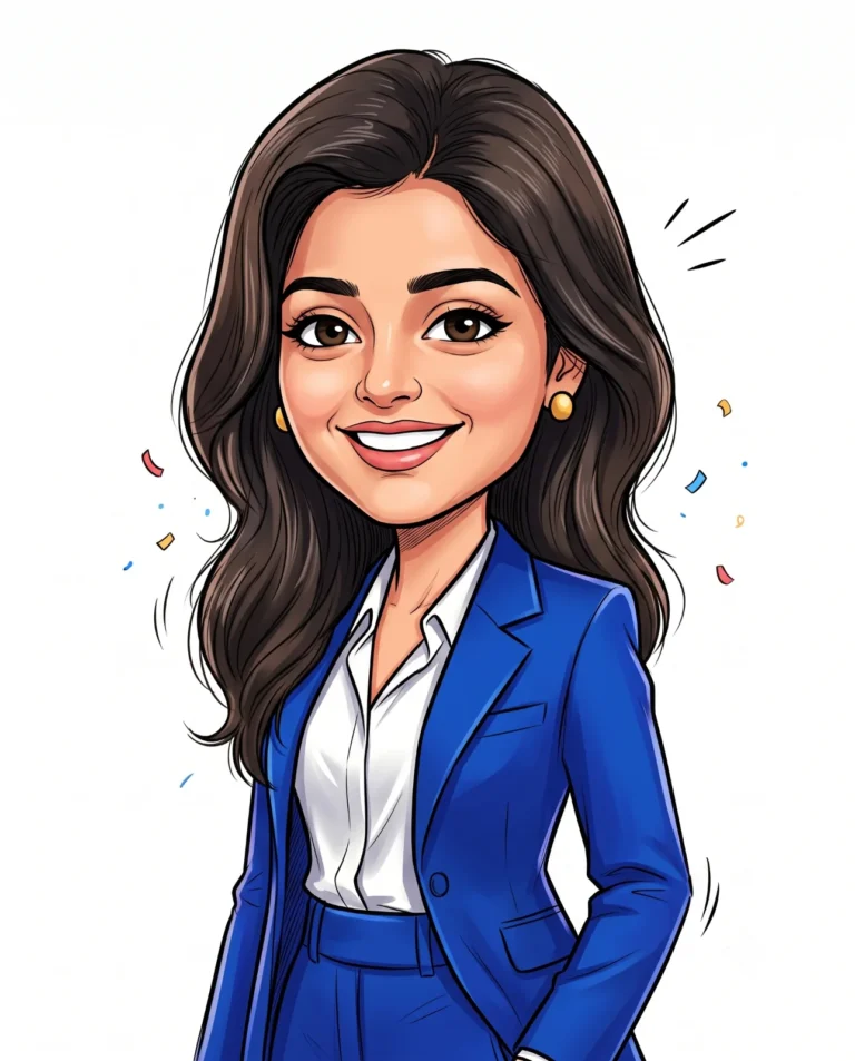 A bright digital caricature portrait of a person in a royal blue pantsuit and white blouse on a minimal background.