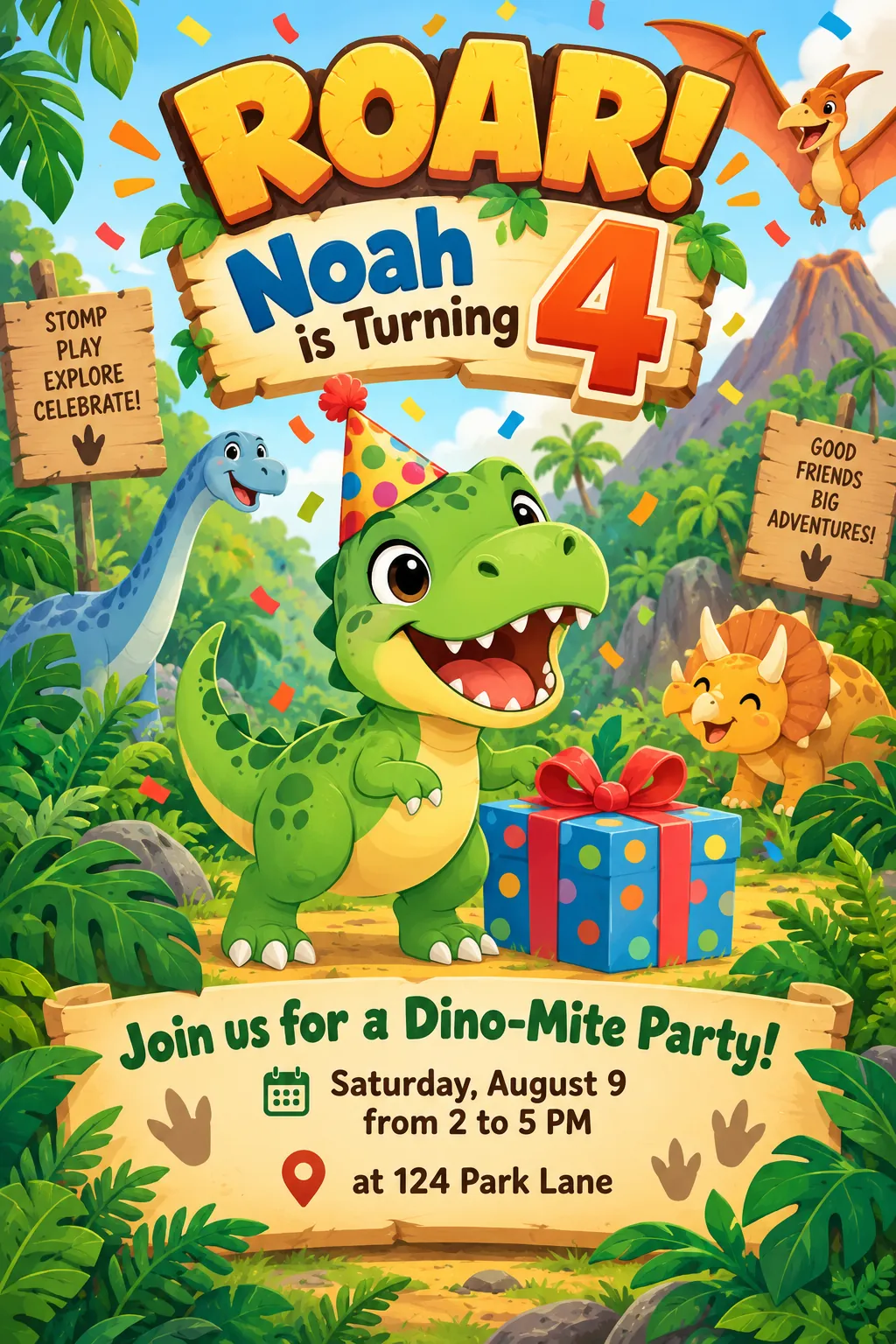 A dinosaur themed kids birthday invitation poster featuring a baby T-Rex with a party hat, jungle ferns, and confetti.