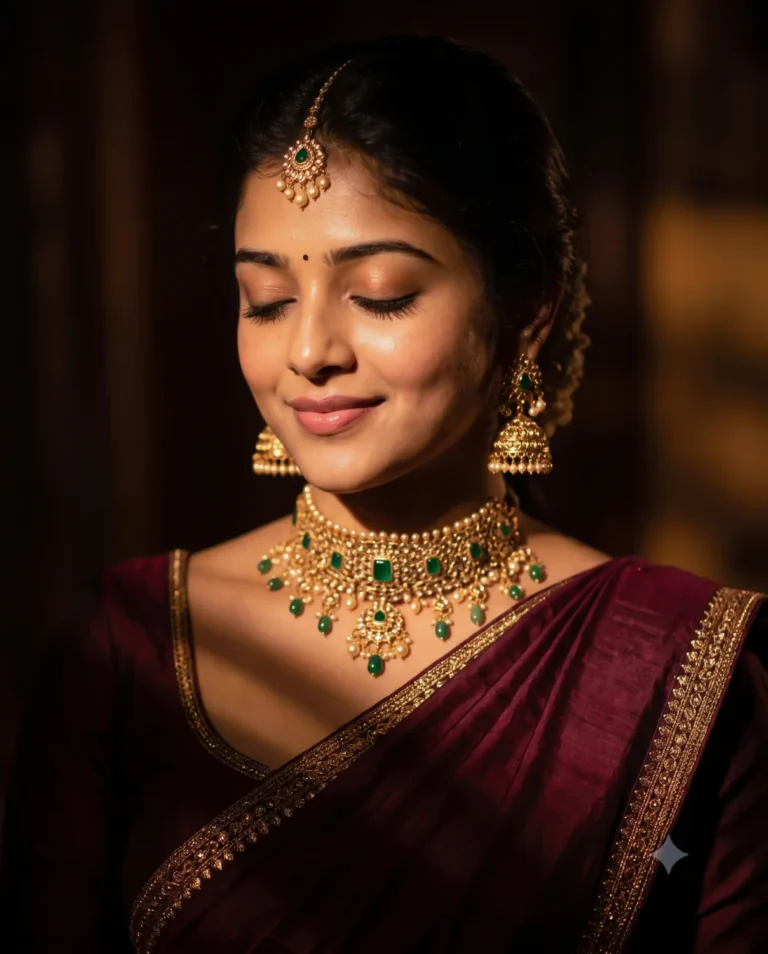 Night saree portrait of a young woman wearing gold jewelry under cinematic low-key lighting.