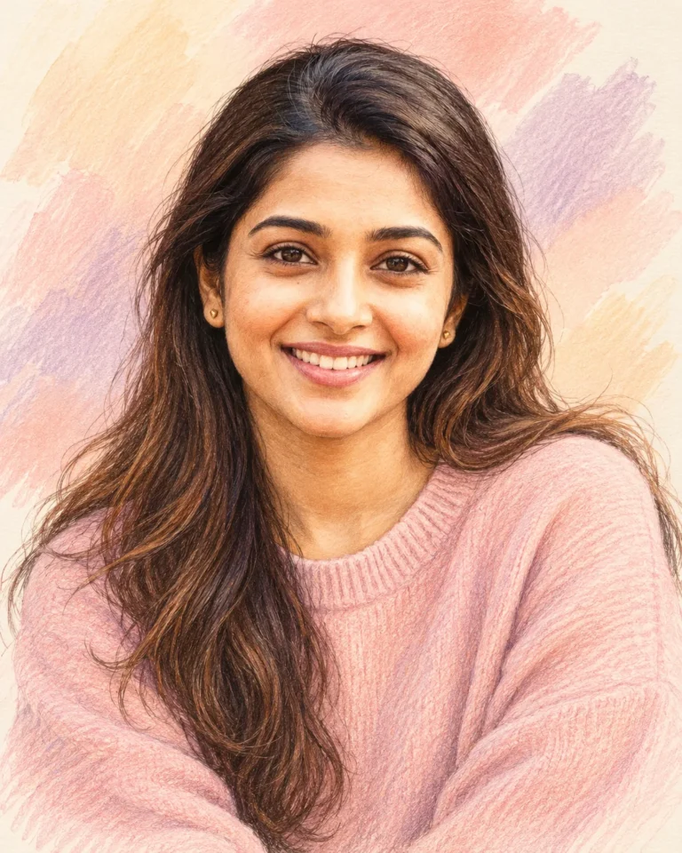Minimalist Pencil Drawing of a smiling woman in a pastel pink sweater with soft waves.