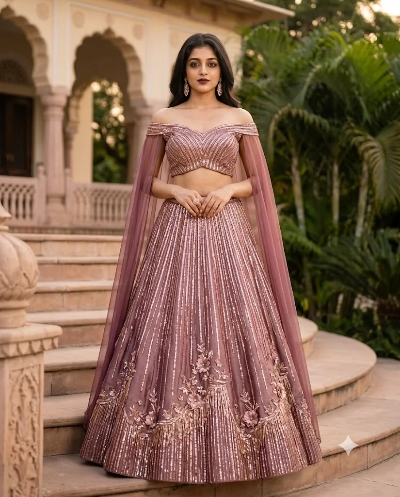 Woman in Dusty Plum-Wine and Rose-Gold Metallic Shimmer Lehenga Prompts
