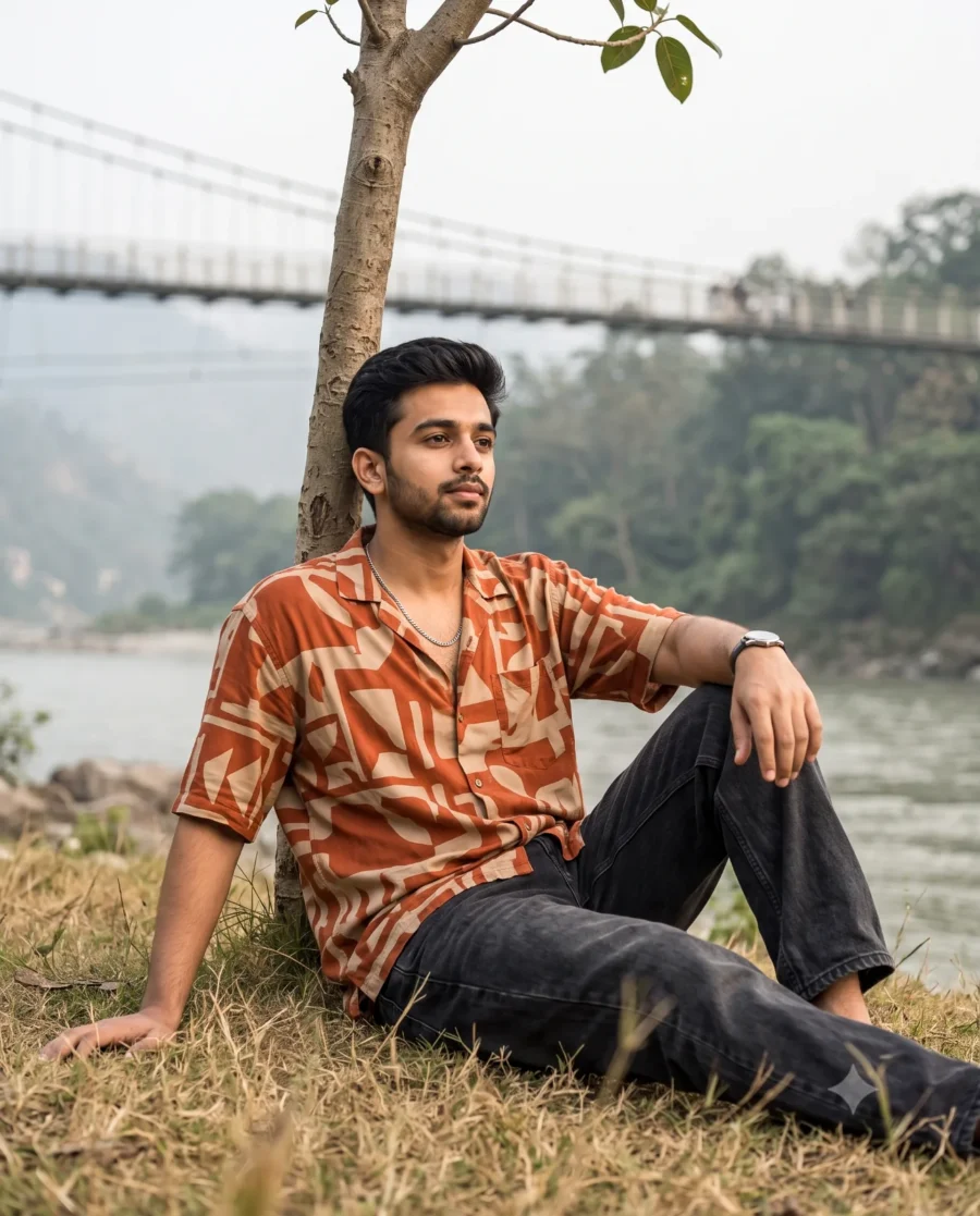 A cinematic riverbank portrait of a man in a rust-orange shirt sitting against a tree with a misty footbridge in the background.