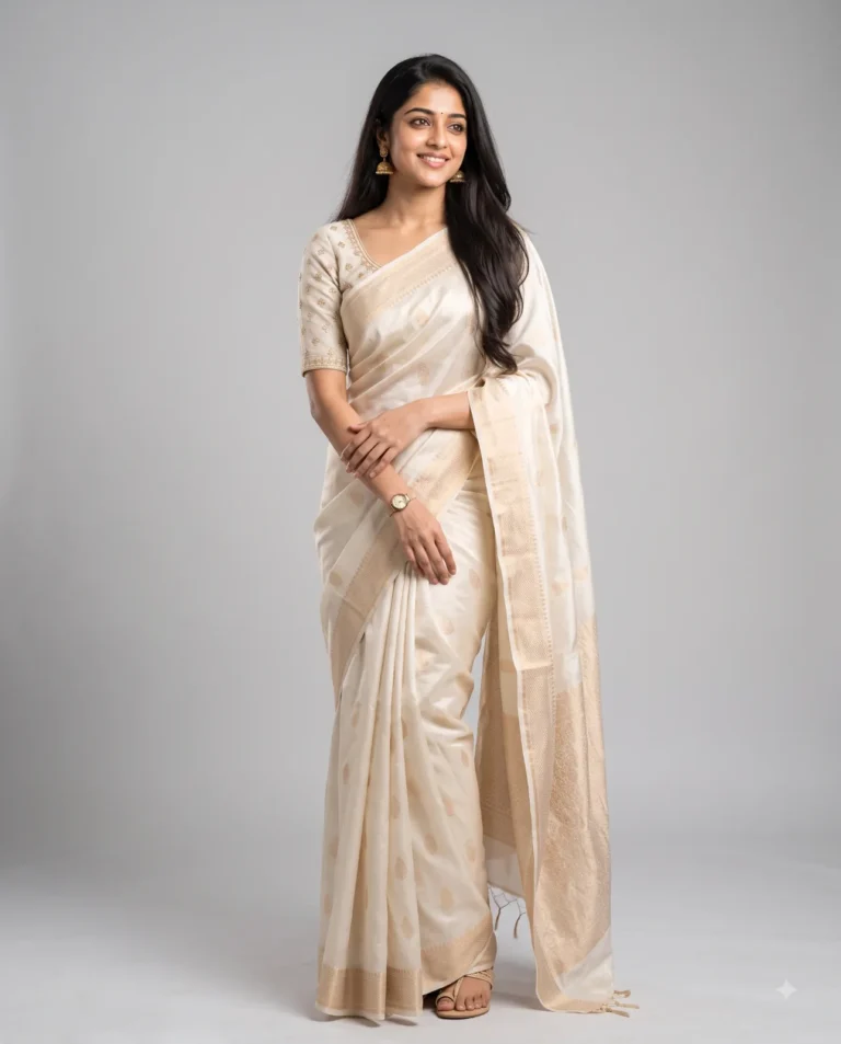 Photorealistic ivory silk saree portrait of a woman standing in a modern photography studio with soft lighting.