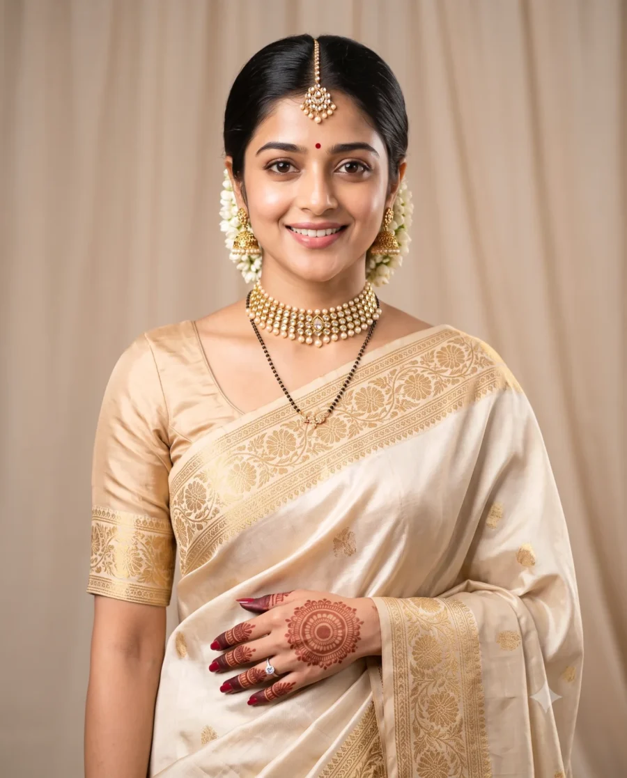 A Traditional Silk Saree Portrait of a woman with jasmine flowers, kundan jewelry, and a cream and gold saree.