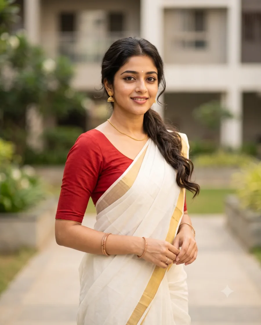 A photorealistic portrait example generated from the traditional white saree prompt showing a woman outdoors.