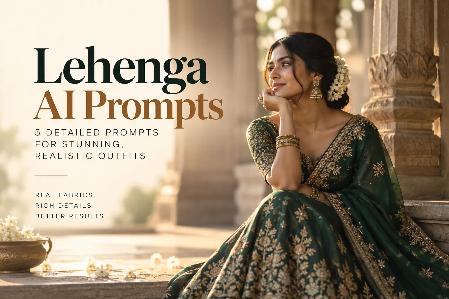Lehenga prompts - Woman smiling in an emerald green dress portrait on a serene environment.