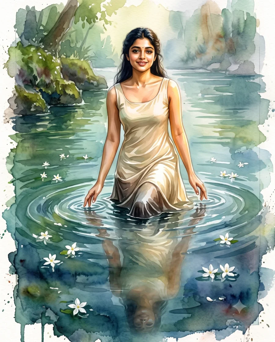 Ethereal watercolor portrait prompt of a woman in a river with floating white jasmine flowers and emerald tones.