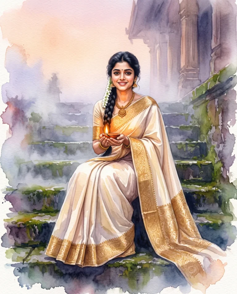 A woman in a cream saree holding an oil lamp on temple steps, generated using a watercolor ai prompt.