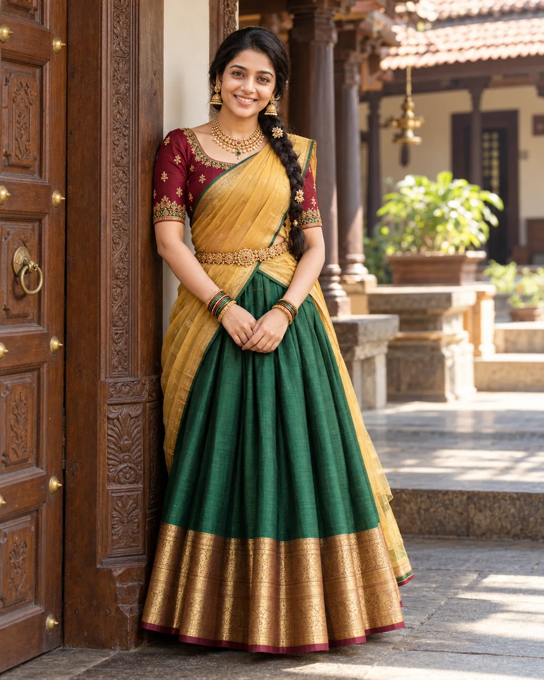 Traditional South Indian half saree langa voni portrait in an ancestral heritage courtyard