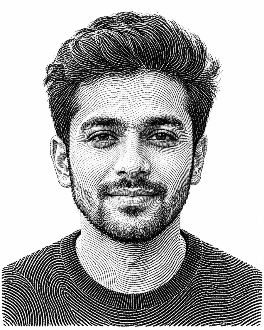 Fingerprint Portrait of a man illustrated with intricate black whorl lines on a stark white background.