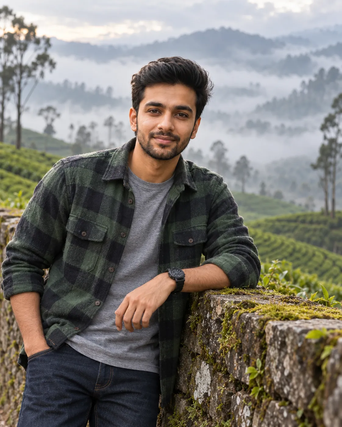 A young man wearing a flannel shirt stands against a stone wall with misty hills and tea plantations in the background.