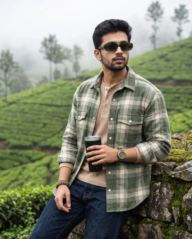 Munnar fashion portrait of a man in a flannel shirt leaning on a stone wall with misty tea terraces.