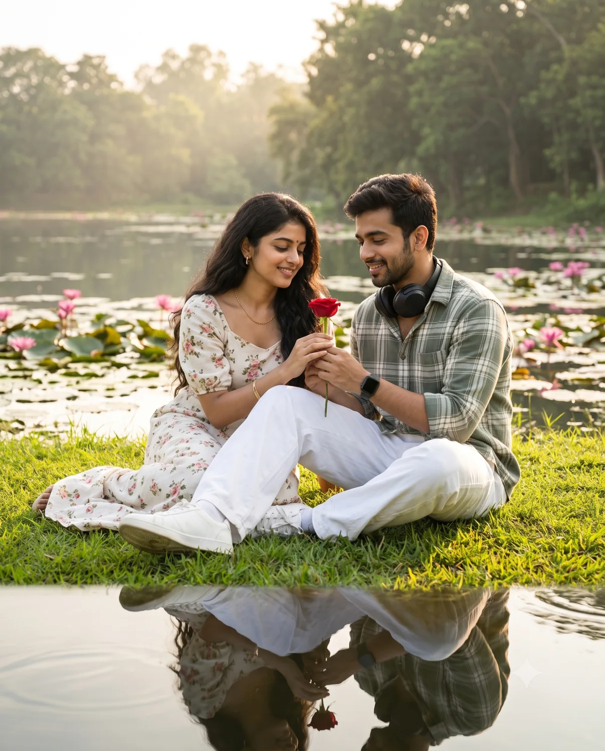 Use this romantic couple ai prompt to generate a realistic South Asian couple by a lotus lake at golden hour.