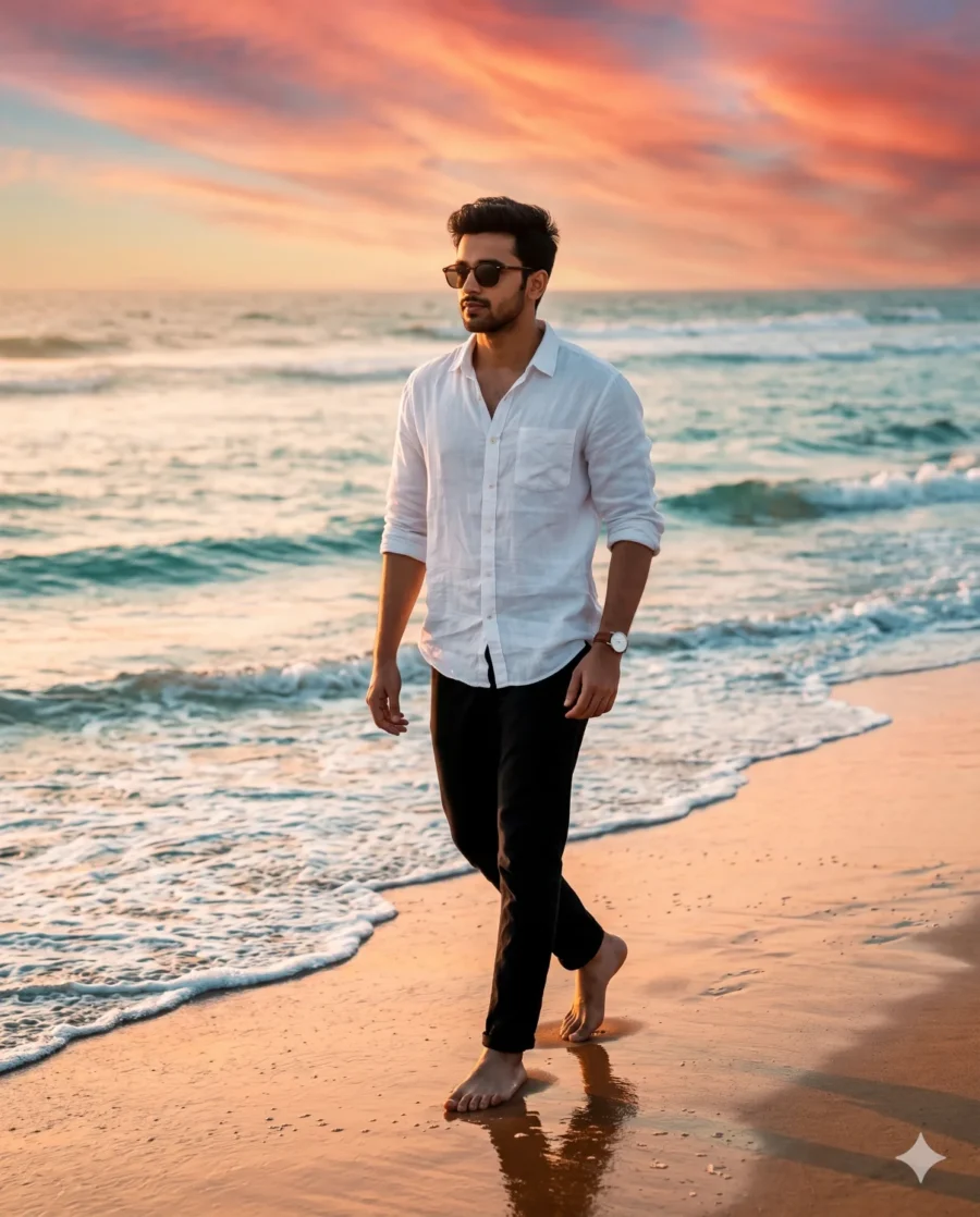 Cinematic beach sunset prompt showing a man walking barefoot on wet glistening sand during golden hour.
