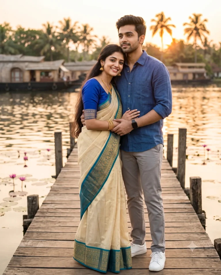 A Kerala backwater couple portrait of a man in a linen shirt embracing a woman in a Kasavu saree at golden hour.