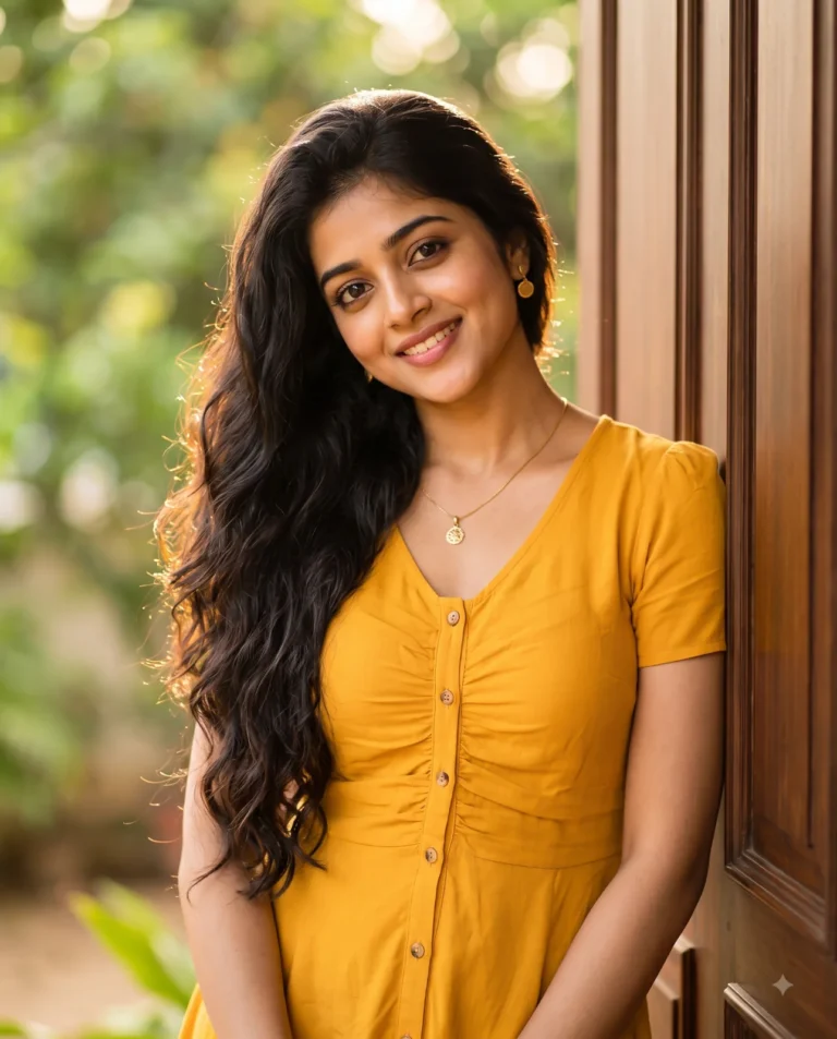 Yellow Dress Prompt generating a woman leaning against an elegant wooden wall with creamy background bokeh.