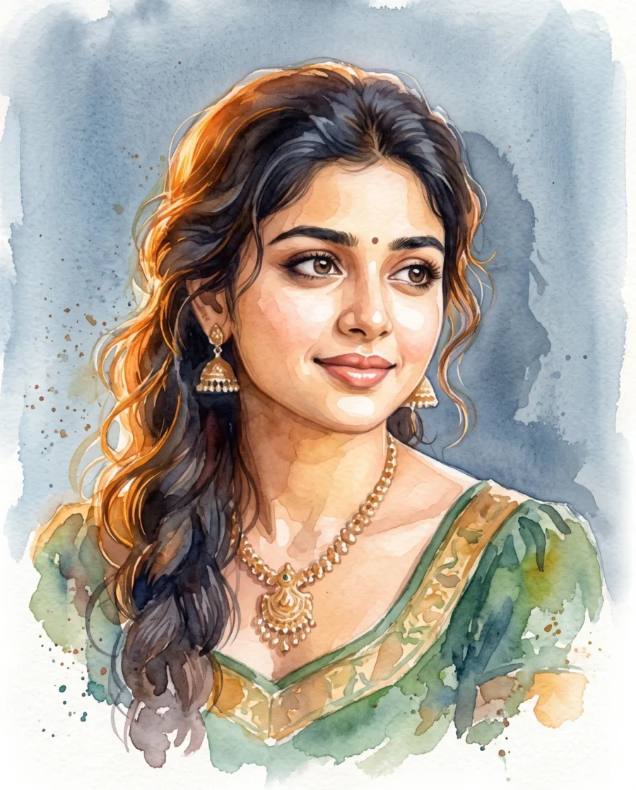 Soft watercolor photo prompt portrait of a smiling young woman illuminated by warm golden hour rim light.