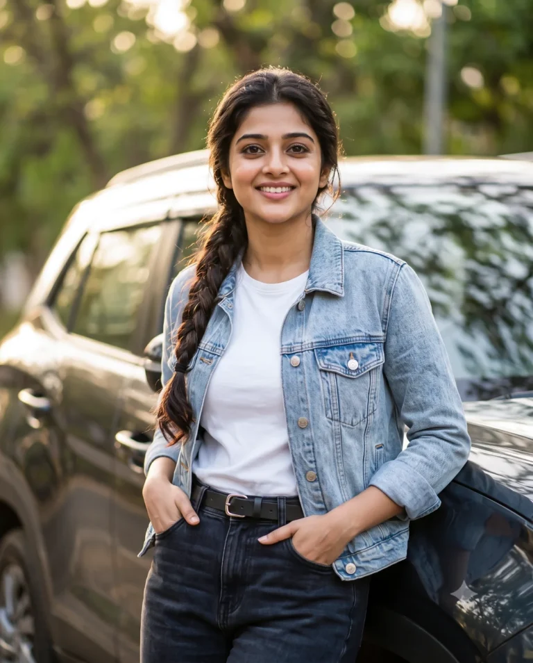 A golden hour car portrait of a young woman in a denim jacket leaning against a dark SUV with cinematic lighting.