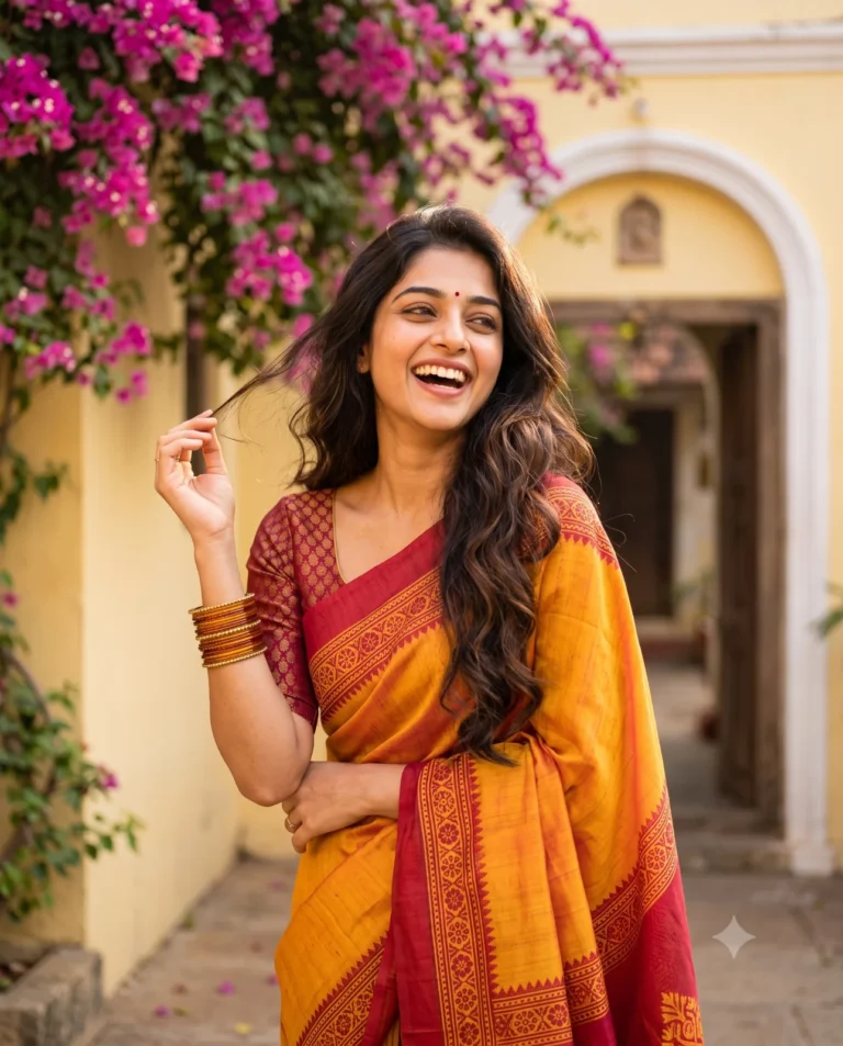 Woman smiling in a silk saree prompt visual against a sunlit yellow courtyard wall with flowers.