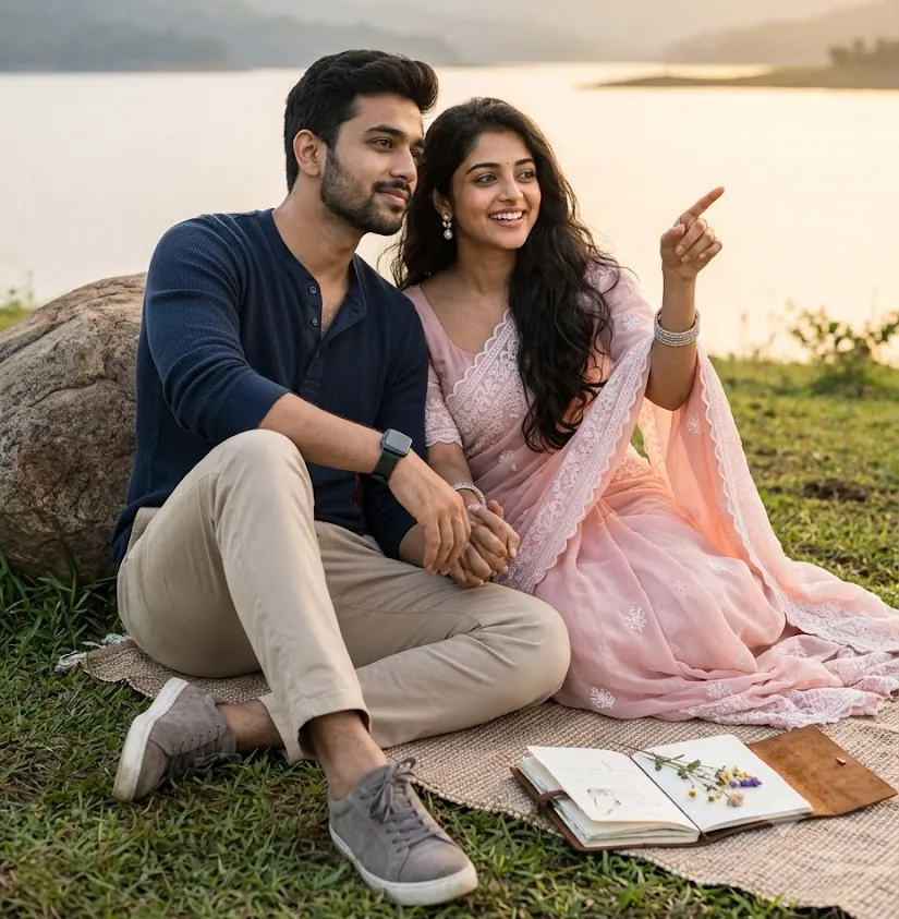 Couple seated on a grassy hillside knoll overlooking a lake from couple photo prompts.