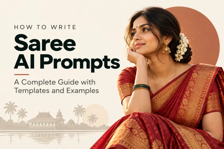 Guide banner for saree AI prompt generation featuring a photorealistic silk saree portrait