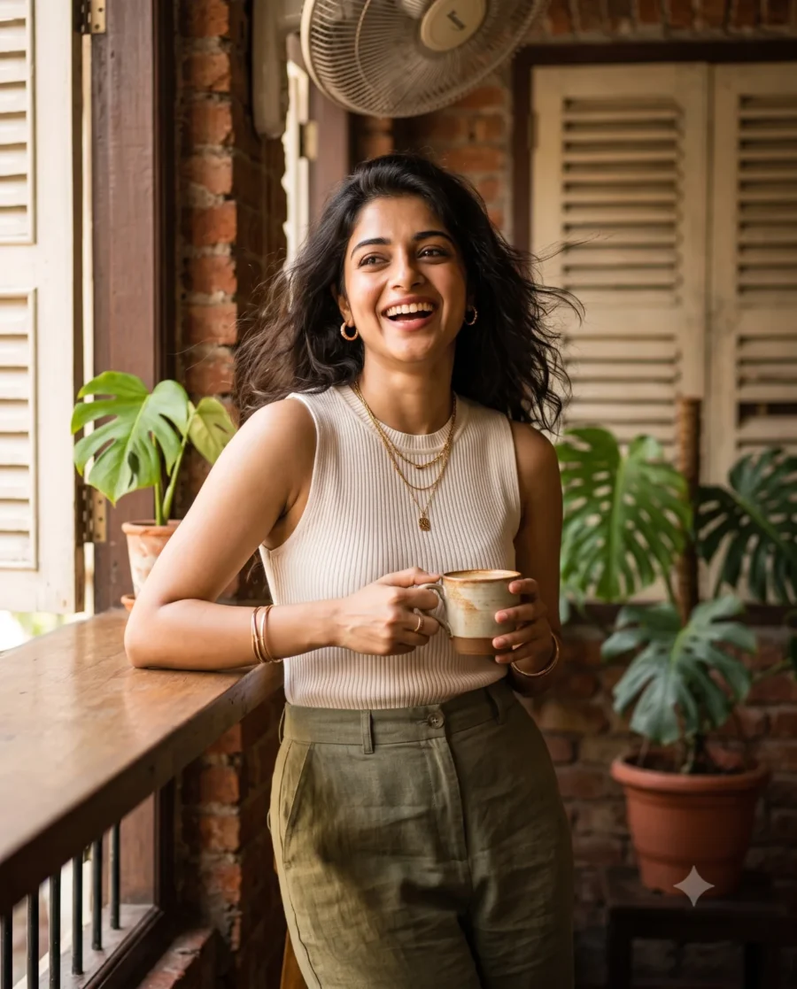 Woman smiling during a cafe lifestyle portrait holding a latte mug near a sunlit window.