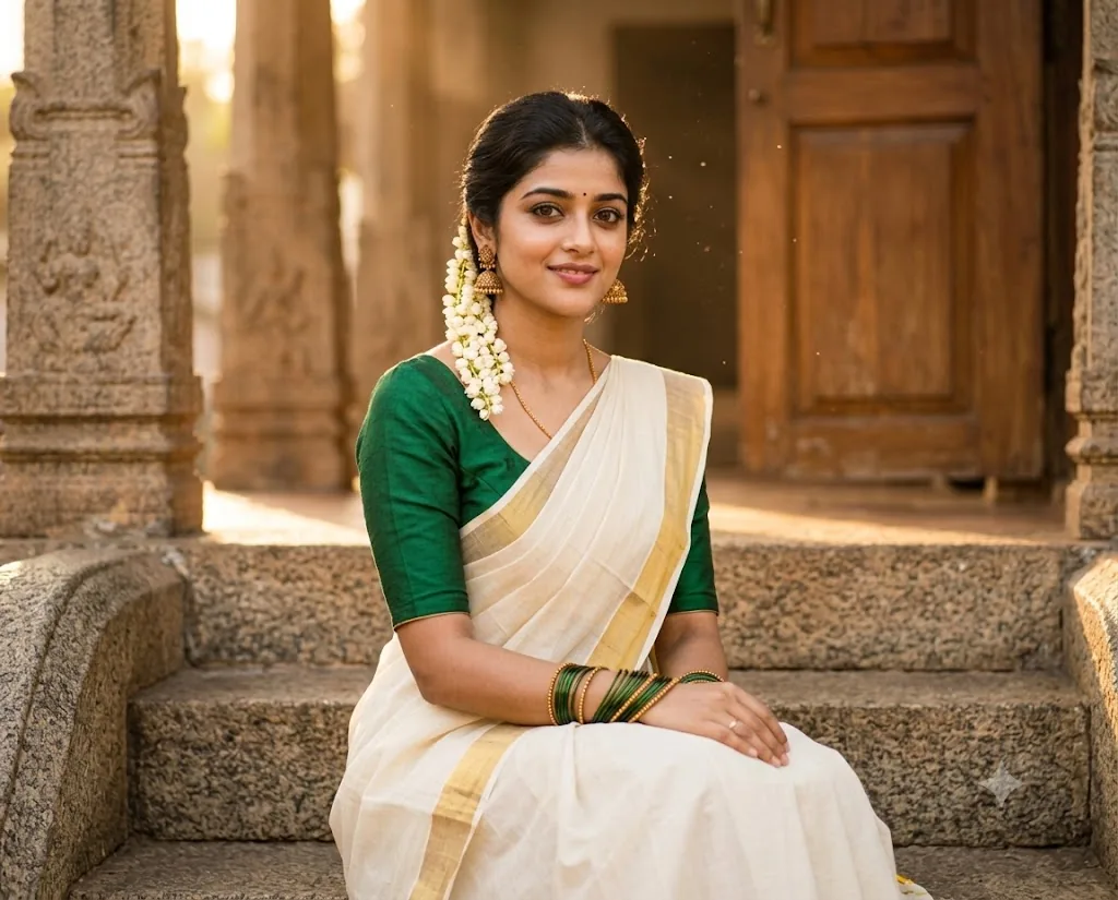 South Asian AI prompts portrait of a woman in an authentic Kerala Kasavu saree seated on temple granite steps