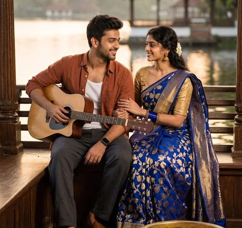 Couple sitting on a heritage wooden veranda with a guitar using couple photo prompts.
