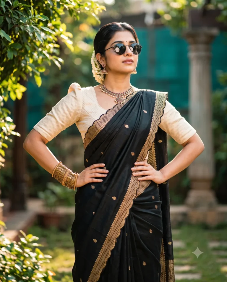 Black Saree Prompt showing a confident woman in a black silk saree with gold embroidery standing outdoors in natural sunlight.