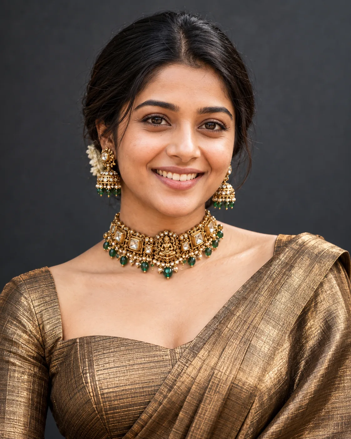 High-fashion studio portrait of a South Asian woman wearing metallic bronze tissue silk and polki temple jewelry