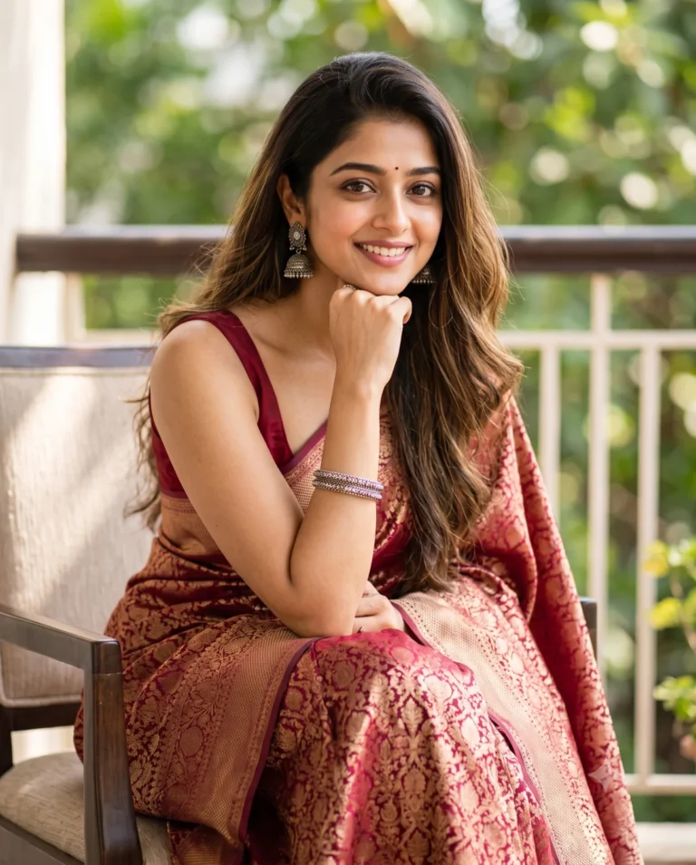 A smiling woman on a balcony generated with a gemini red saree prompt featuring deep crimson silk and creamy bokeh.