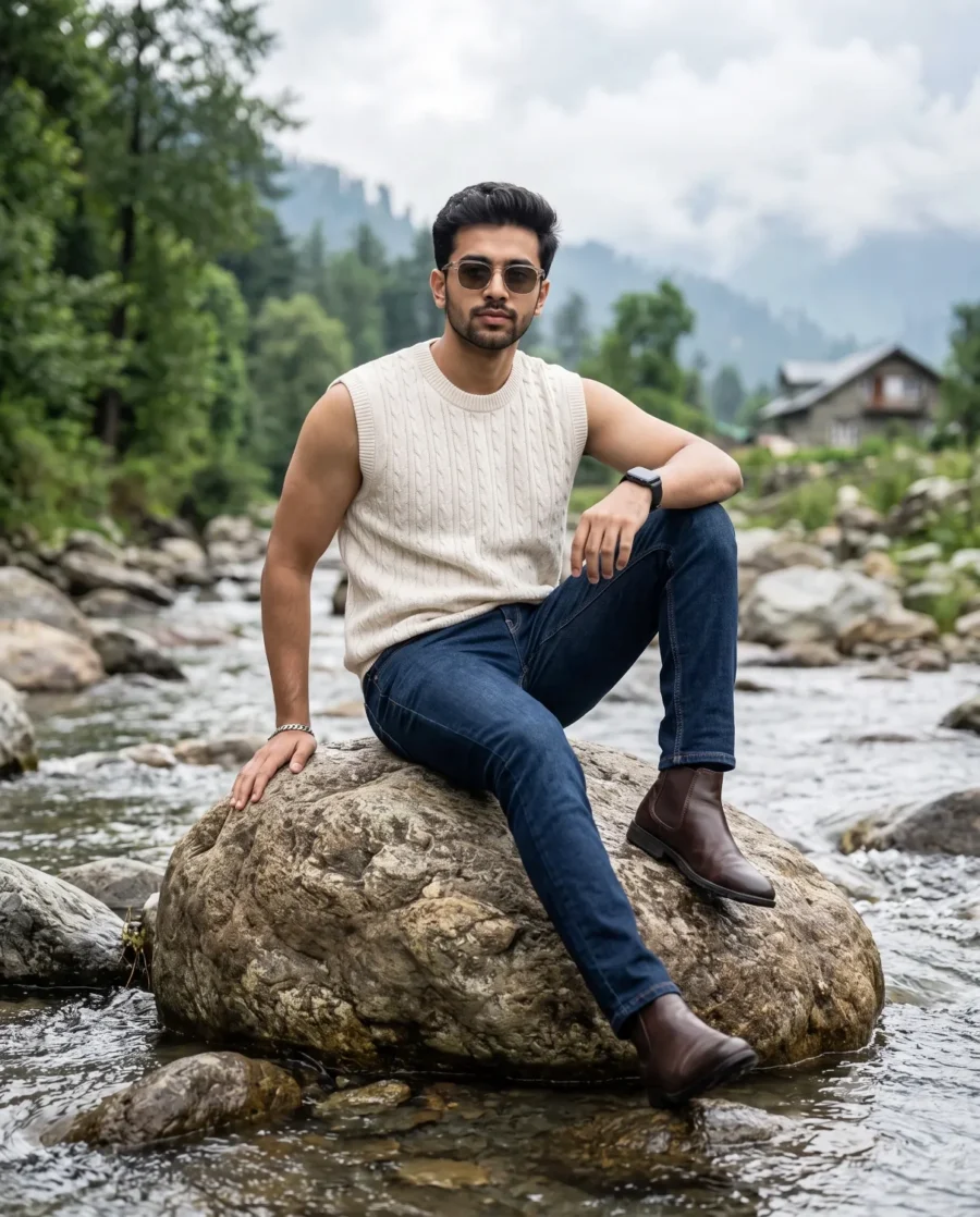 Cinematic man portrait prompt generating a South Asian male model sitting on a river rock in a stylish off-white sweater.