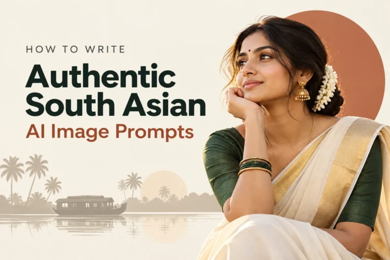 Guide banner for South Asian AI prompts featuring a realistic portrait of a young South Asian woman