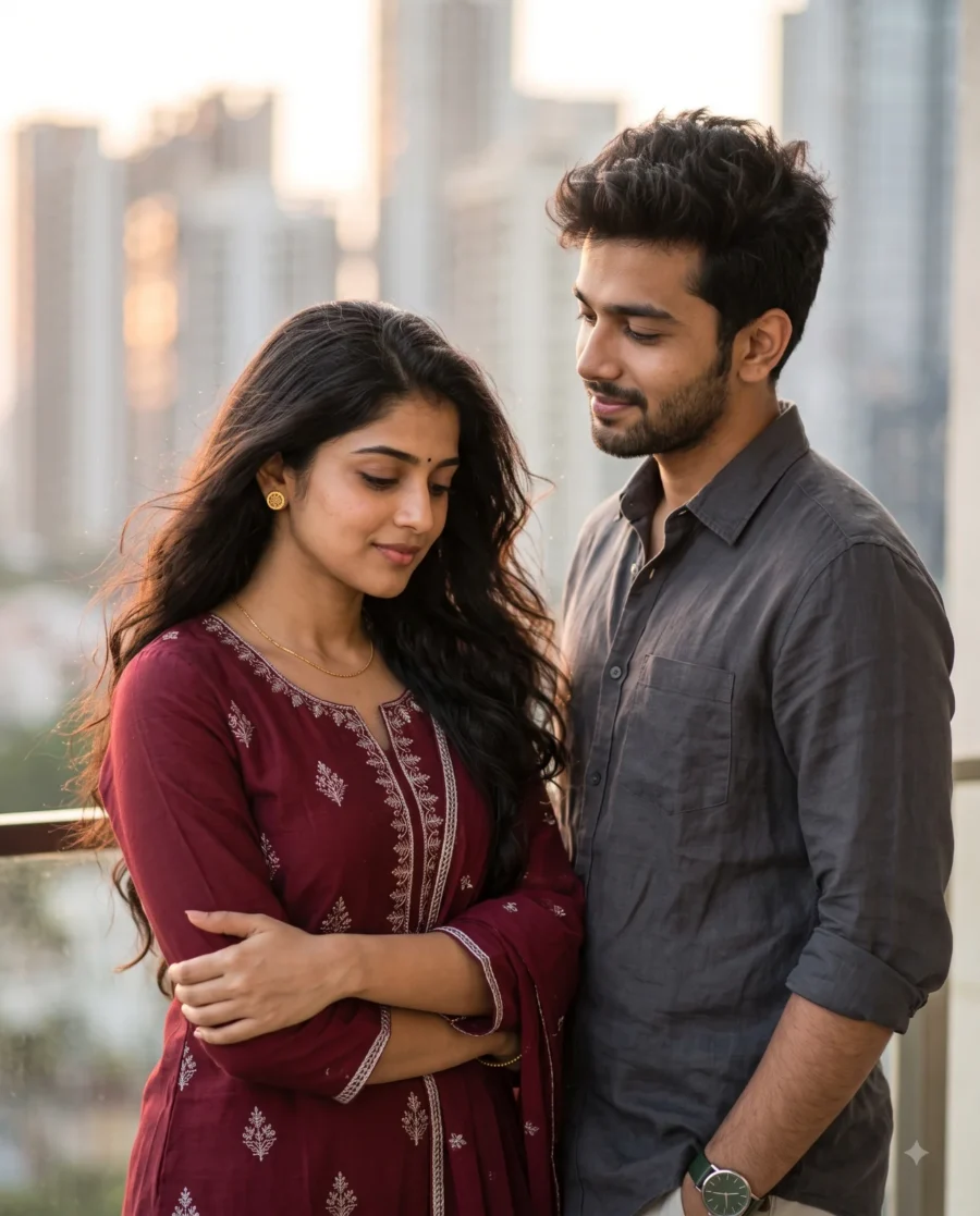 A photorealistic Intimate Couple Portrait featuring a woman in a maroon kurta and a man in a grey shirt against a skyline.