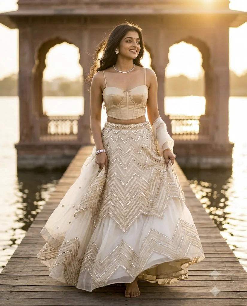Ivory and Champagne Mirror-Work Organza Lehenga Prompts
