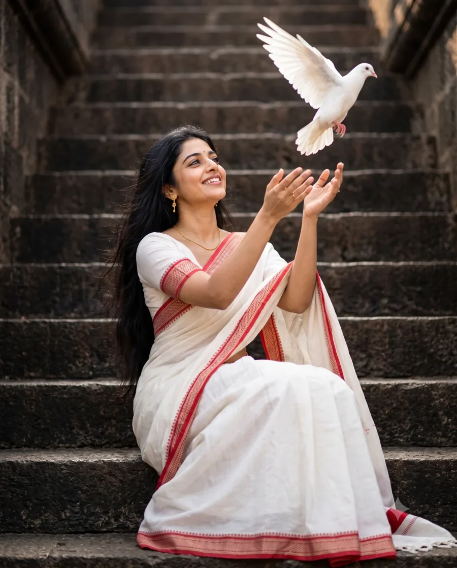 White saree prompt showing a smiling woman in traditional dress releasing a white dove on dark stone steps.
