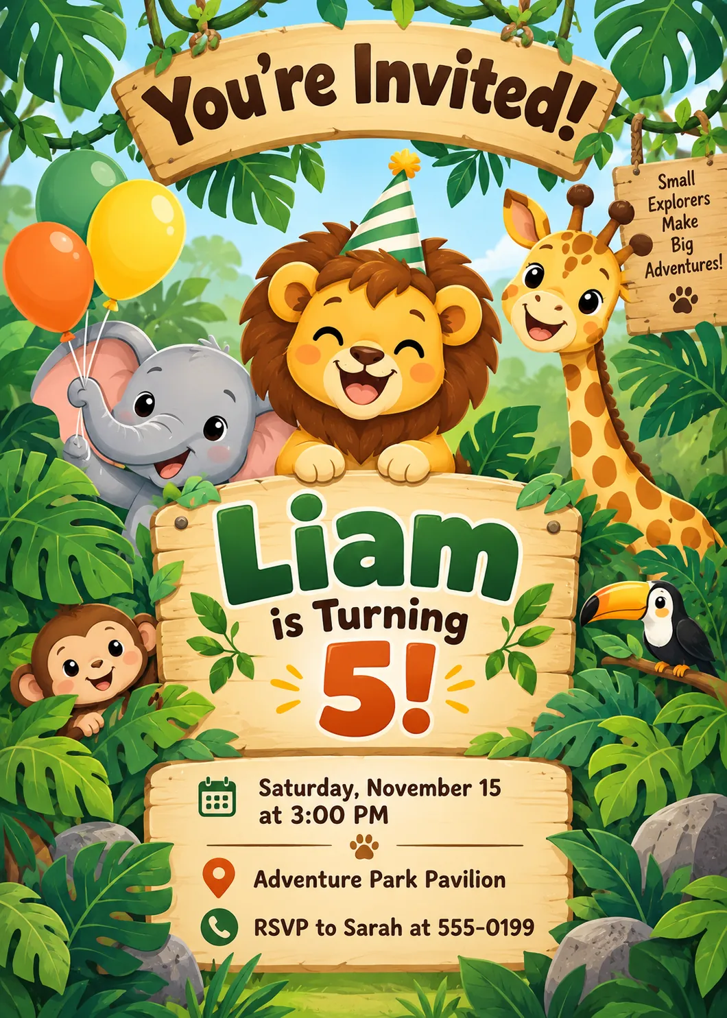 A jungle safari kids birthday invitation poster featuring a baby lion, elephant, and giraffe surrounded by green monstera leaves.