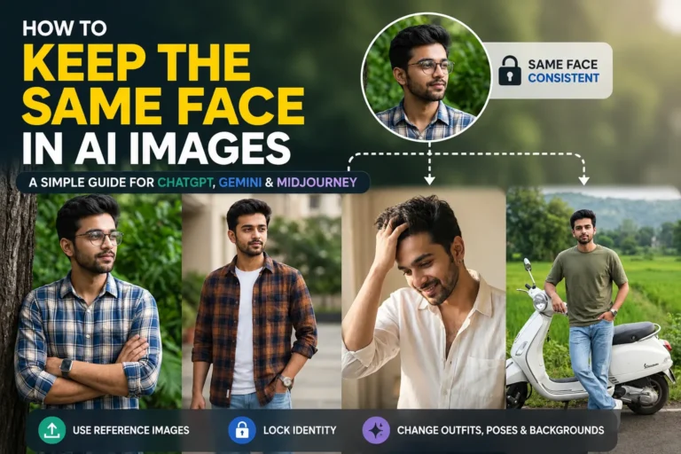 Using a consistent character prompt to keep the same face in AI images across various scenes.