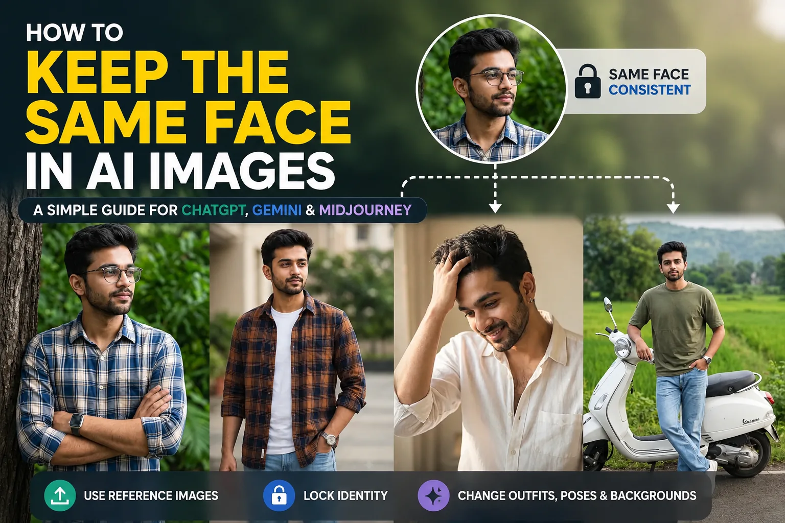 Using a consistent character prompt to keep the same face in AI images across various scenes.