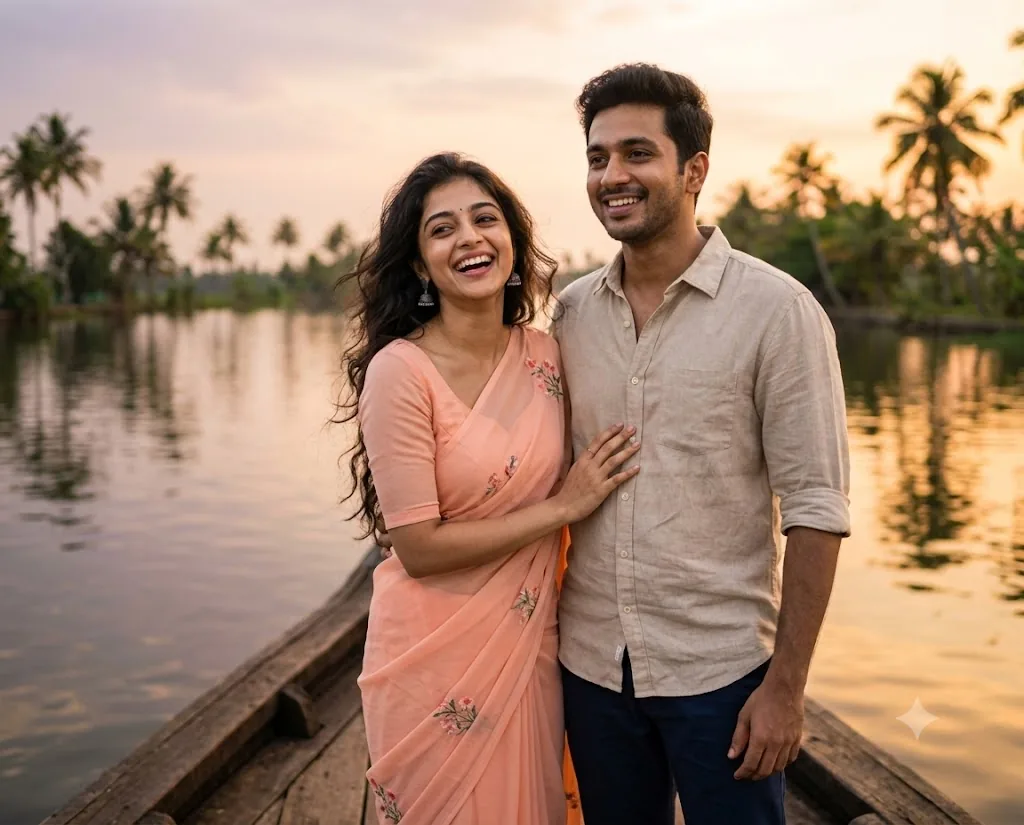 Candid South Asian couple portrait standing on the bow of a Kerala backwaters houseboat at sunset