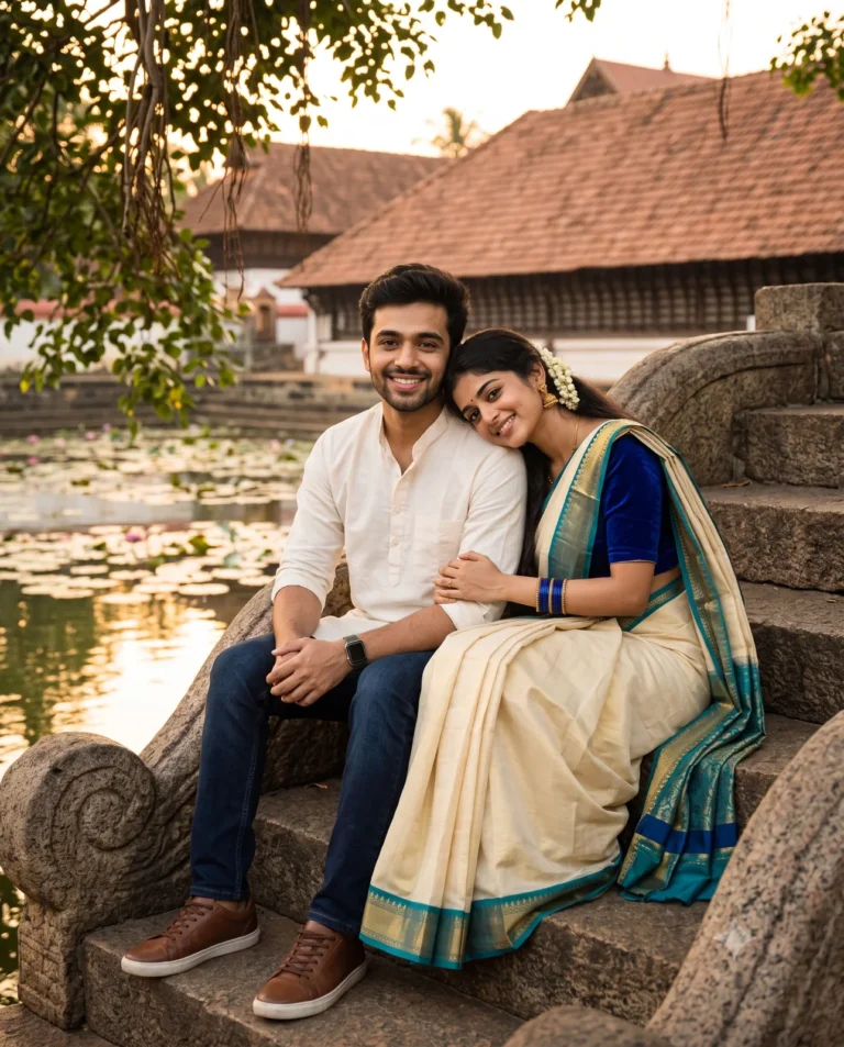 Kerala Couple Portrait of a man in a white kurta and woman in a Kasavu saree sitting by a heritage temple pond at sunset.
